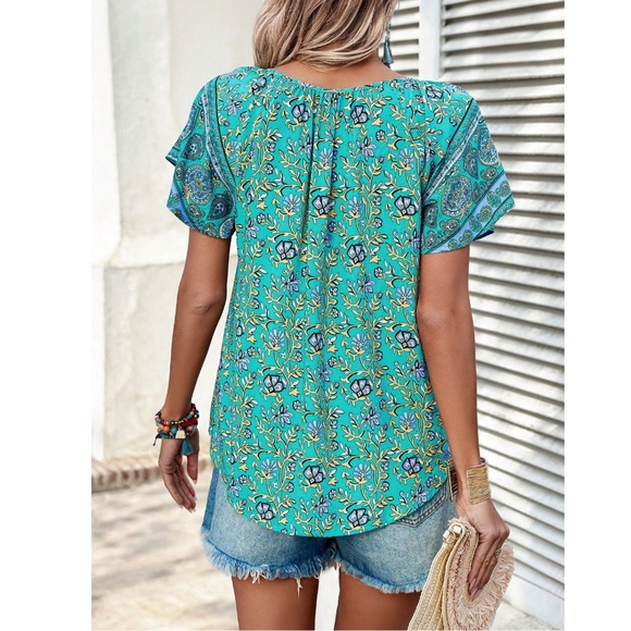 Turquoise Green Floral Printed Boho Short Sleeve Shirt - Picture 4 of 6